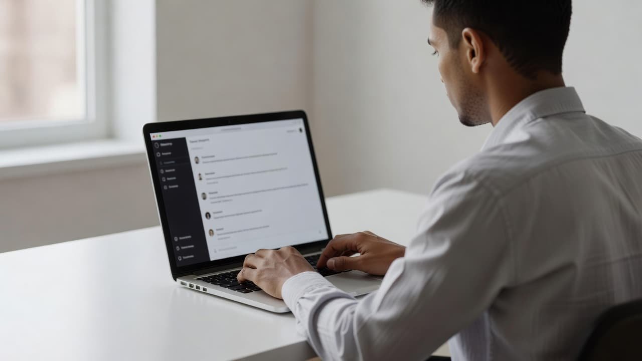 A focused individual sits at a clean wooden desk, reviewing a blurred software interface on an open laptop screen. Natural sunlight filters through a nearby window, illuminating the serene workspace.