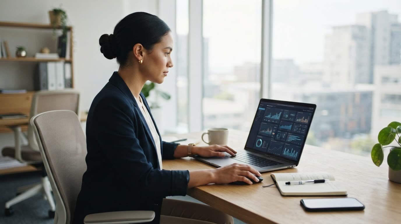 A professional consultant working at a minimalist desk with data charts on a laptop.
