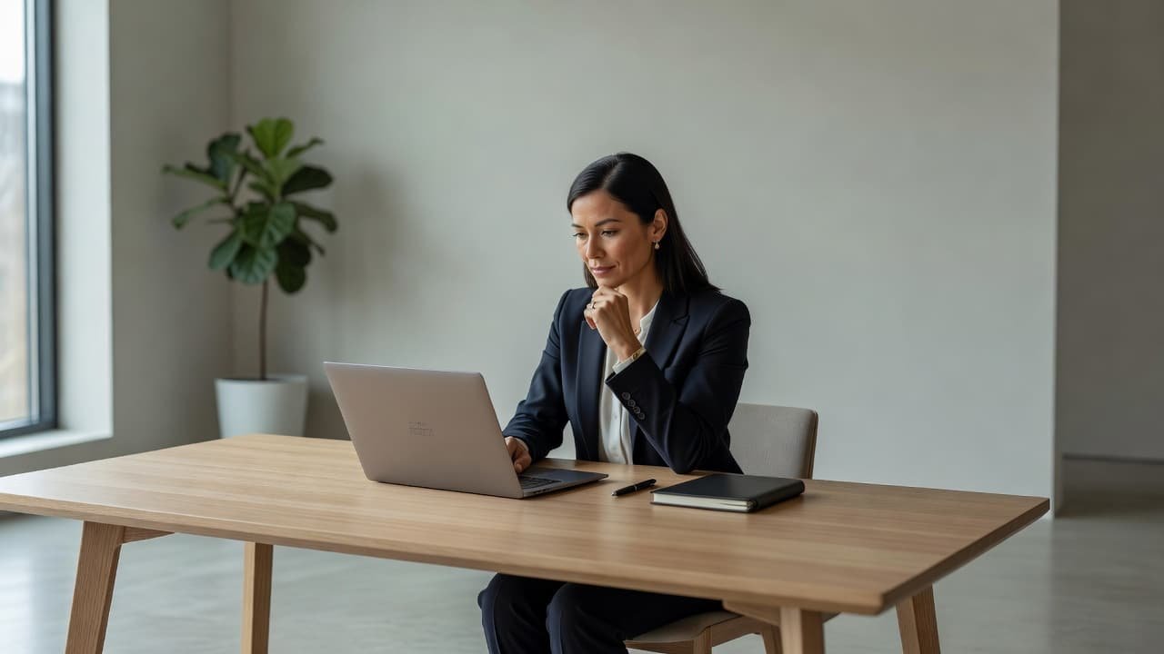 A professional working on a laptop at a wooden desk by a window.