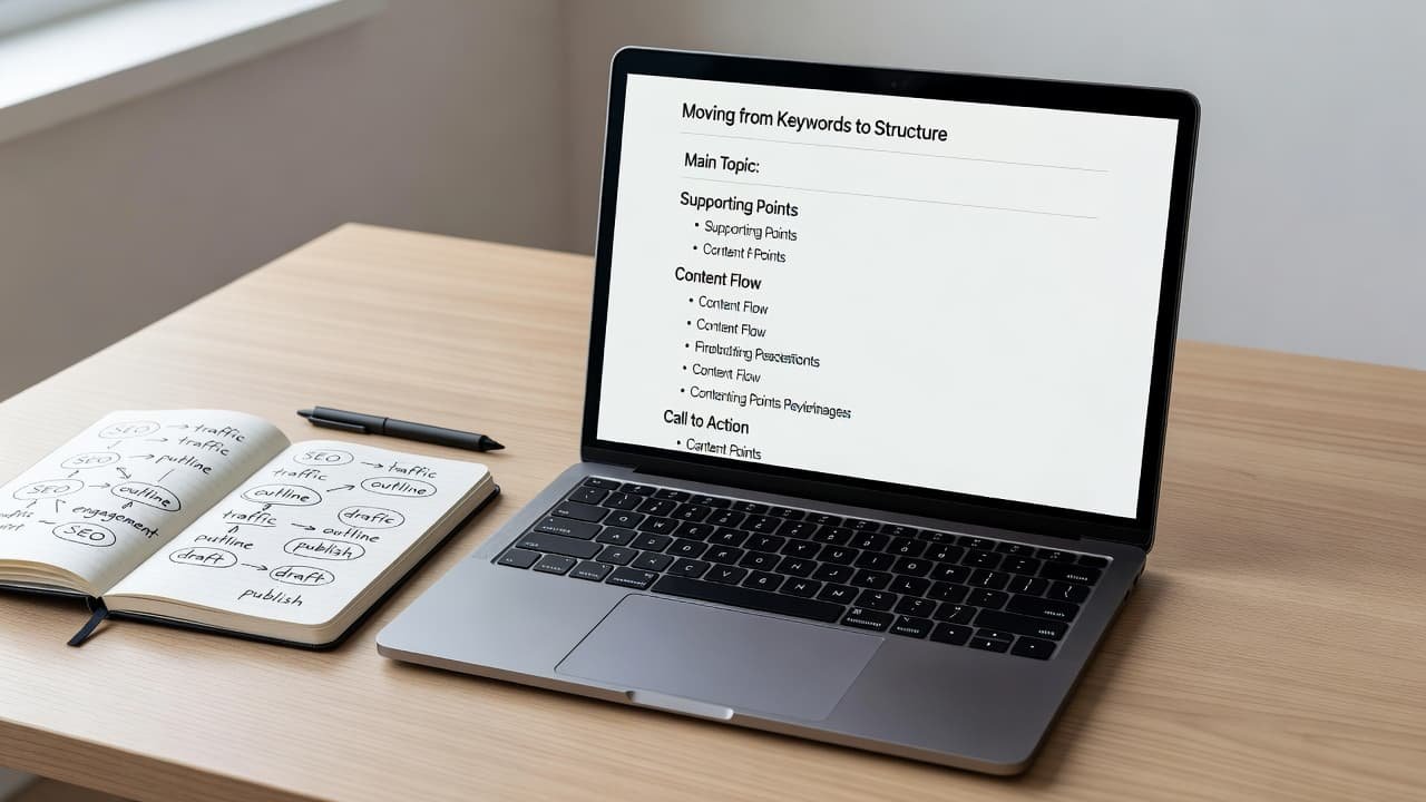 A sleek silver laptop displays a blank content brief template beside a leather-bound notebook filled with detailed keyword clusters. Soft morning light creates an inviting, productive atmosphere for professional strategic planning.