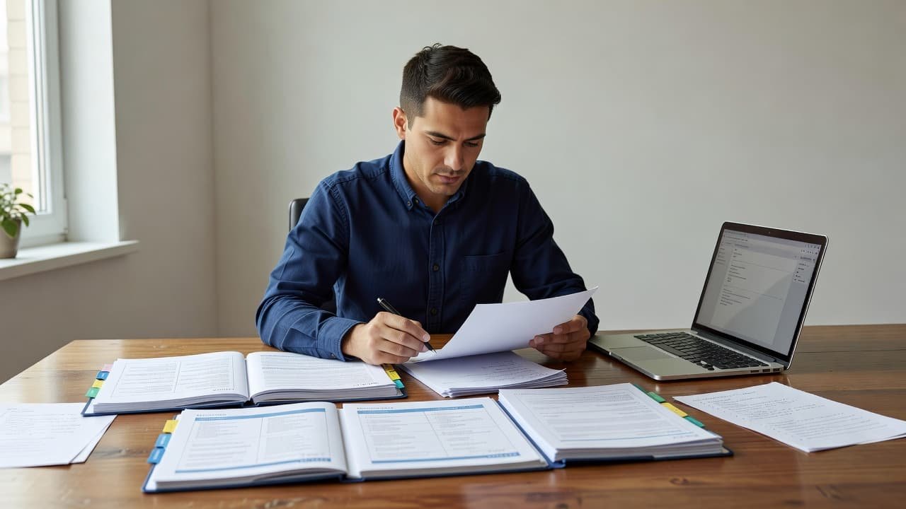 A professional reviewing documents at a wooden desk with a laptop.