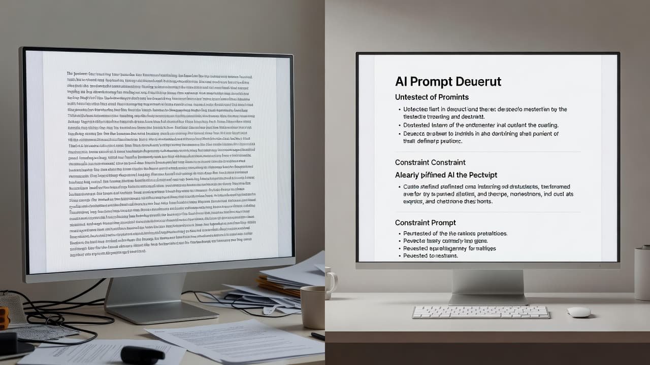 A split screen displays two digital pages side by side on a desk. The left side features chaotic text, while the right side presents an organized layout with headers and bullets.
