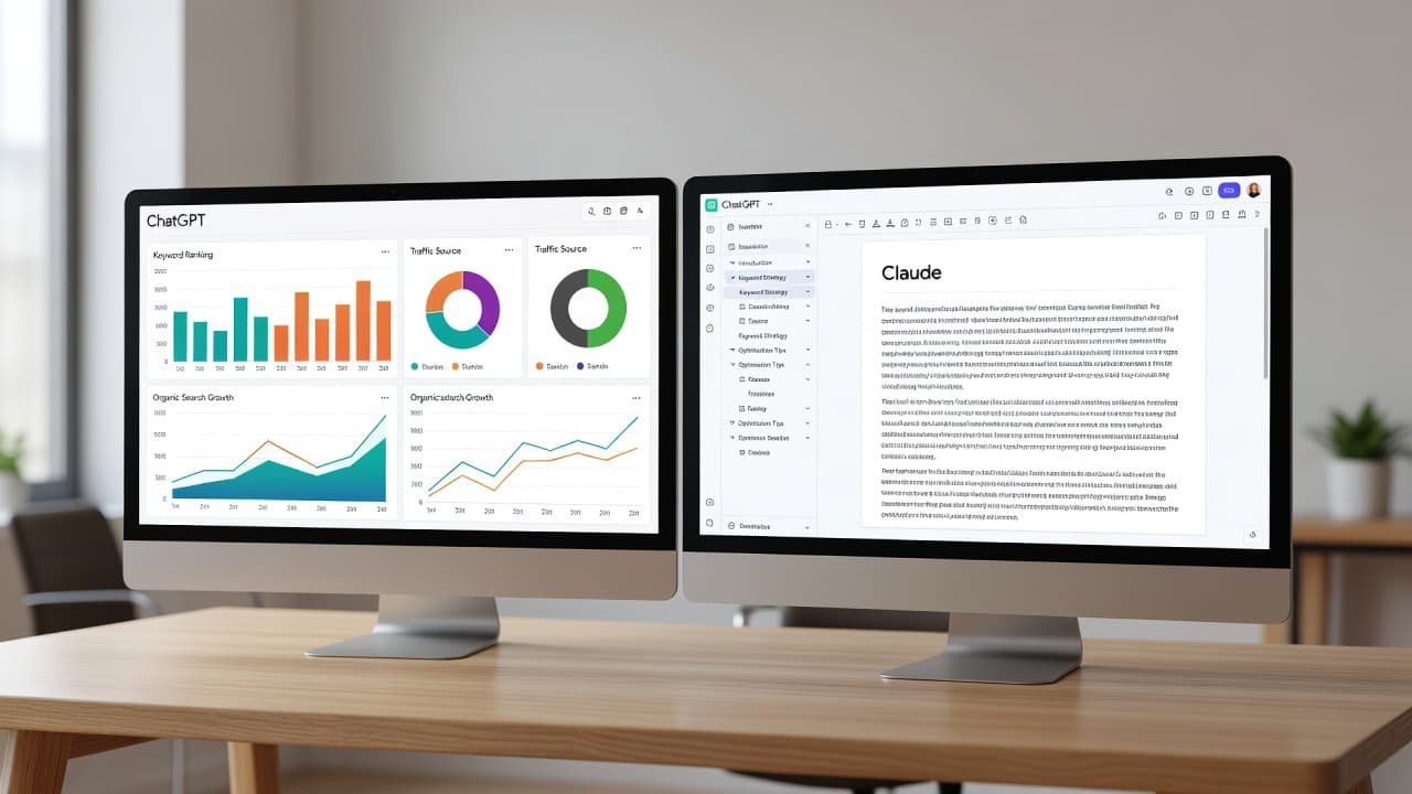 Two sleek monitors sit upon a light wooden desk, showcasing diverse analytical data graphs on one screen and detailed long-form text documents on the adjacent display screen in a bright office.
