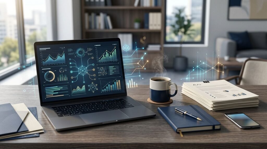 An open laptop showing analytics charts on a desk with research papers and coffee.
