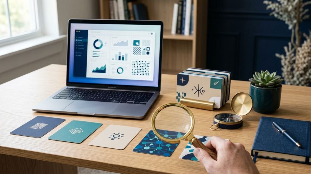 An organized desk with prompt cards, a compass, and a magnifying glass highlighting a strategy choice.