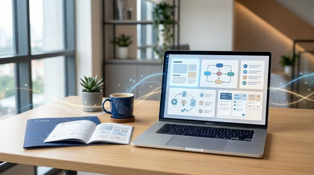 Laptop with onboarding layouts beside folders, a welcome packet, and coffee.
