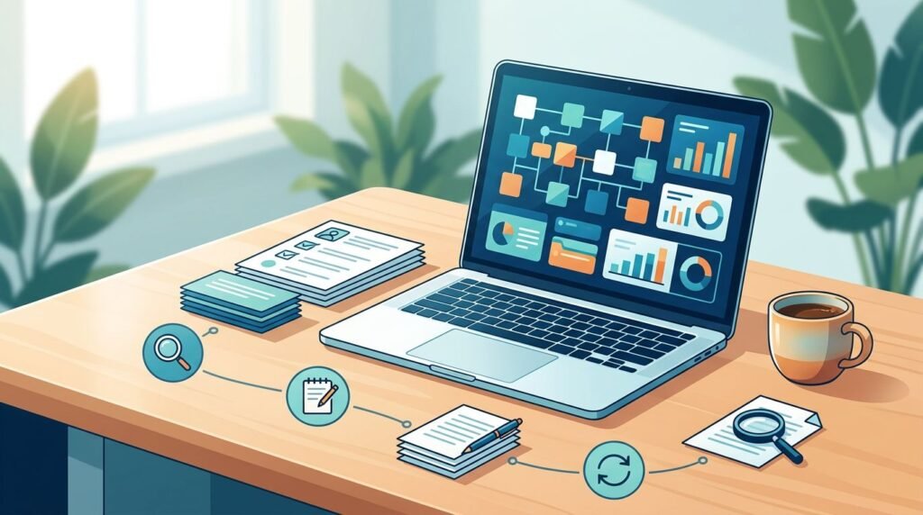 An organized desk with a laptop, prompt cards, checklist, and connected strategy icons.