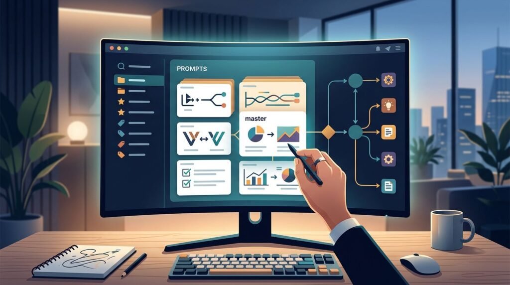 A computer monitor displaying organized digital workflow cards and checklists on a desk.
