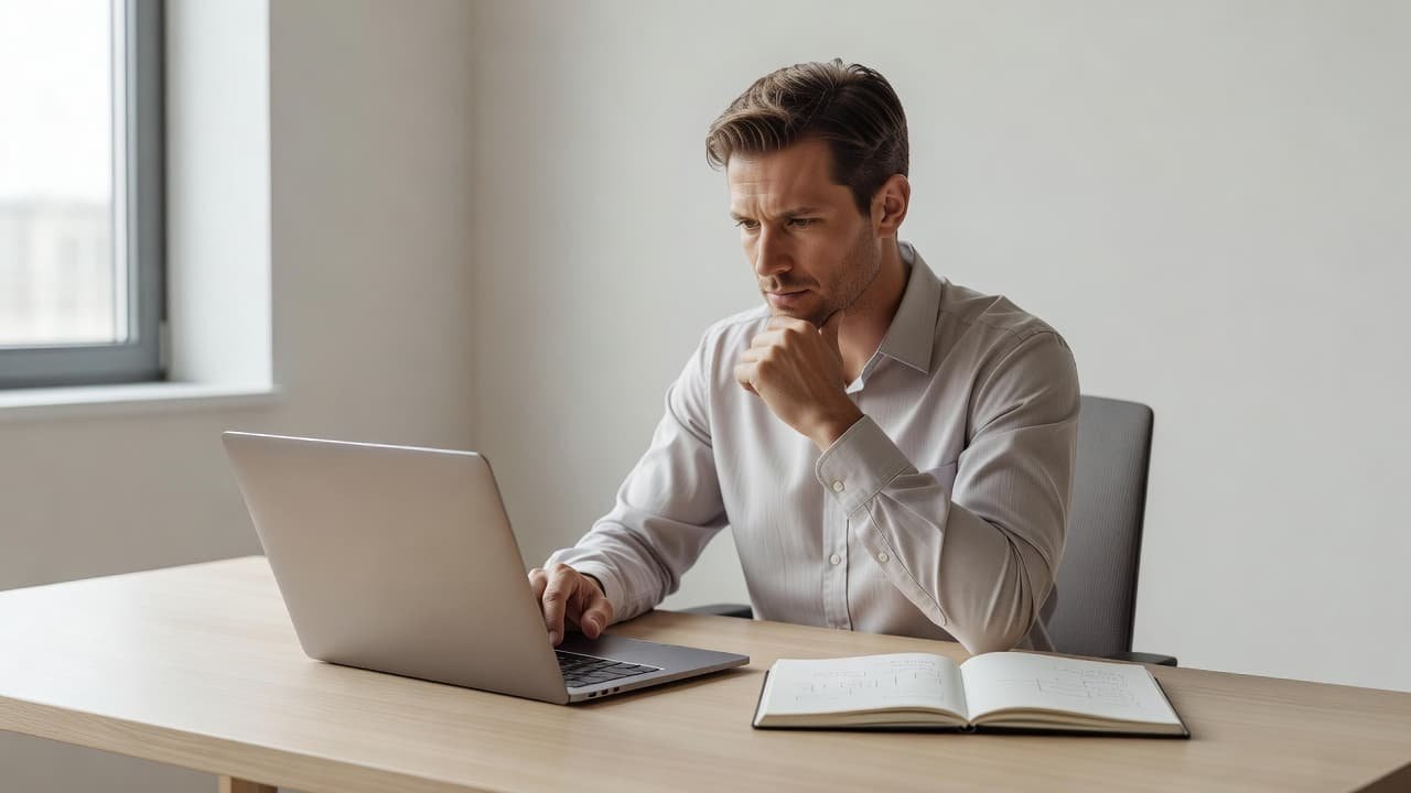 A focused professional sits at a clean, minimalist desk containing only a sleek laptop and a notepad. Soft natural light streams from a side window, illuminating the organized and productive environment.