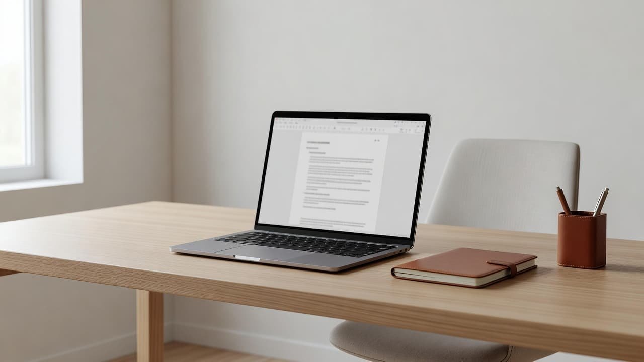 A slim laptop on a wooden desk showing a professional document in a bright room.