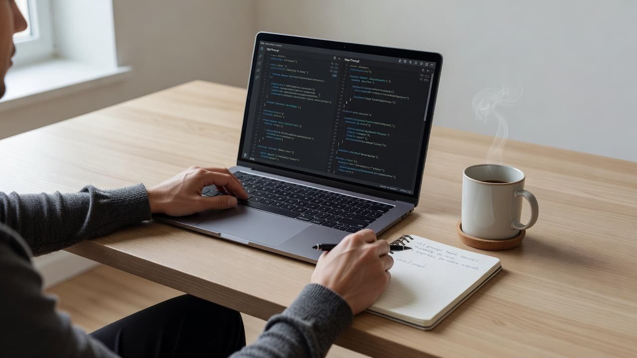 A clean wooden desk holds a single laptop displaying programming code, a spiral notebook, and a ceramic coffee mug. A person sits at the workstation with hands resting near the device.