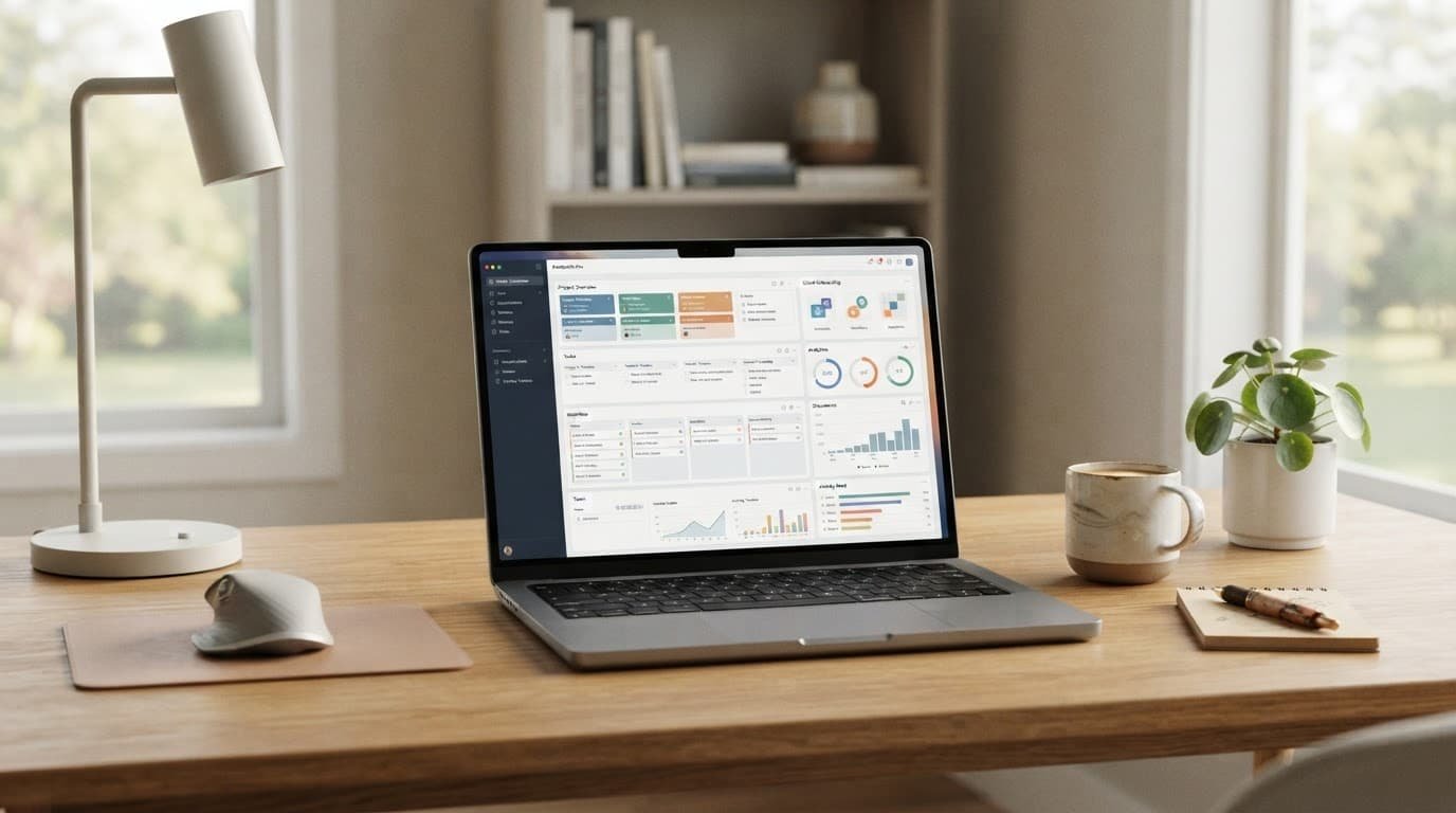 Open laptop displaying a productivity dashboard on a clean modern desk.