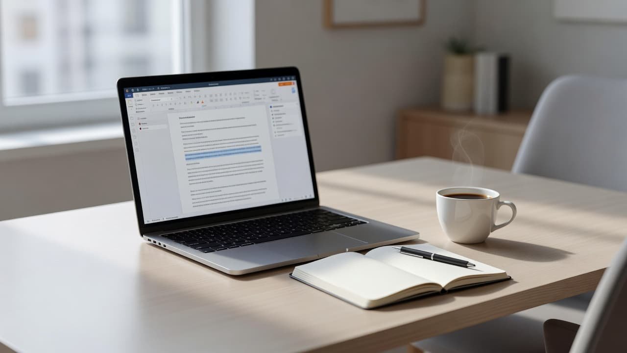 A sleek modern laptop displaying an editing interface sits on a tidy wooden desk alongside a leather-bound notebook and a steaming ceramic mug. Soft daylight creates a calm, focused work environment.