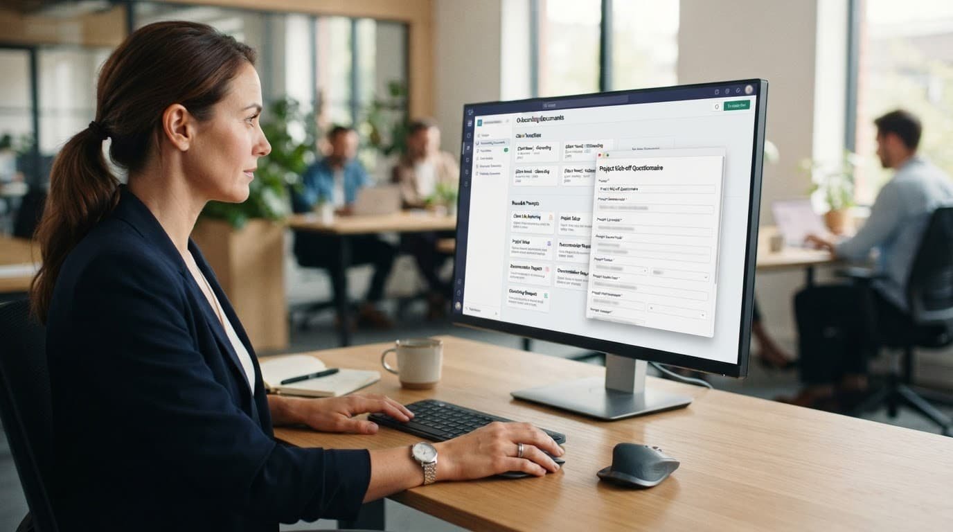 A monitor displays organized templates in a modern office workspace.