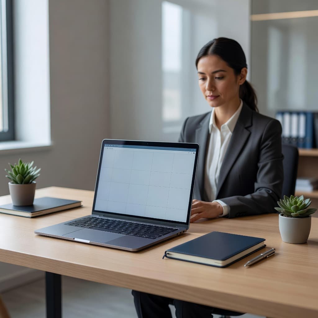 A high-end laptop rests open on a minimalist desk surface while bathed in soft, natural daylight. In the background, a professional person works in an organized, serene office environment.