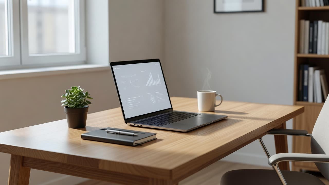 A laptop sits on a clean wooden desk inside a sunlit home office.
