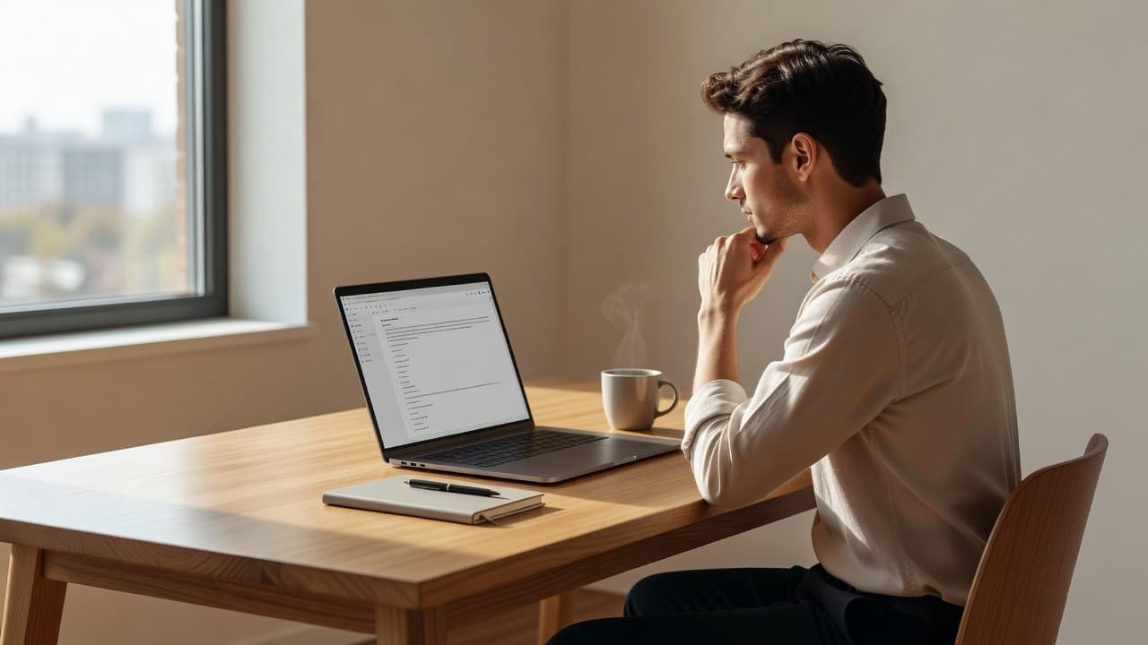 A thoughtful individual sits at a clean wooden desk viewing a document on an open laptop. A notebook and steaming mug rest nearby as soft natural sunlight illuminates the organized desk.