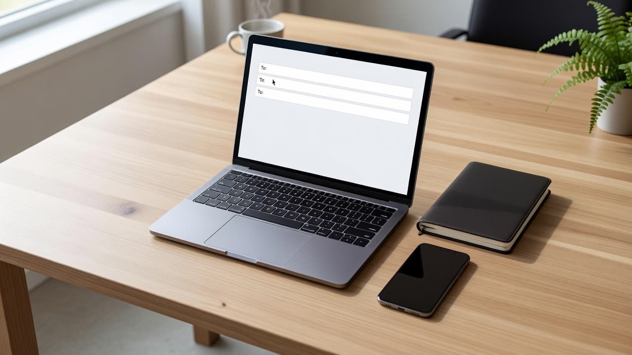 A top-down view shows a modern laptop, a smartphone, and a leather notebook resting on a clean wooden desk. Soft natural light illuminates the surface, creating an ideal environment for productivity.