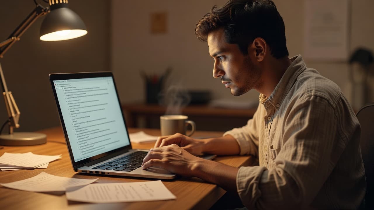 A focused individual examines a series of documents on a glowing laptop screen within a warmly lit office environment. Soft bokeh effects highlight the screen while the person carefully analyzes data.