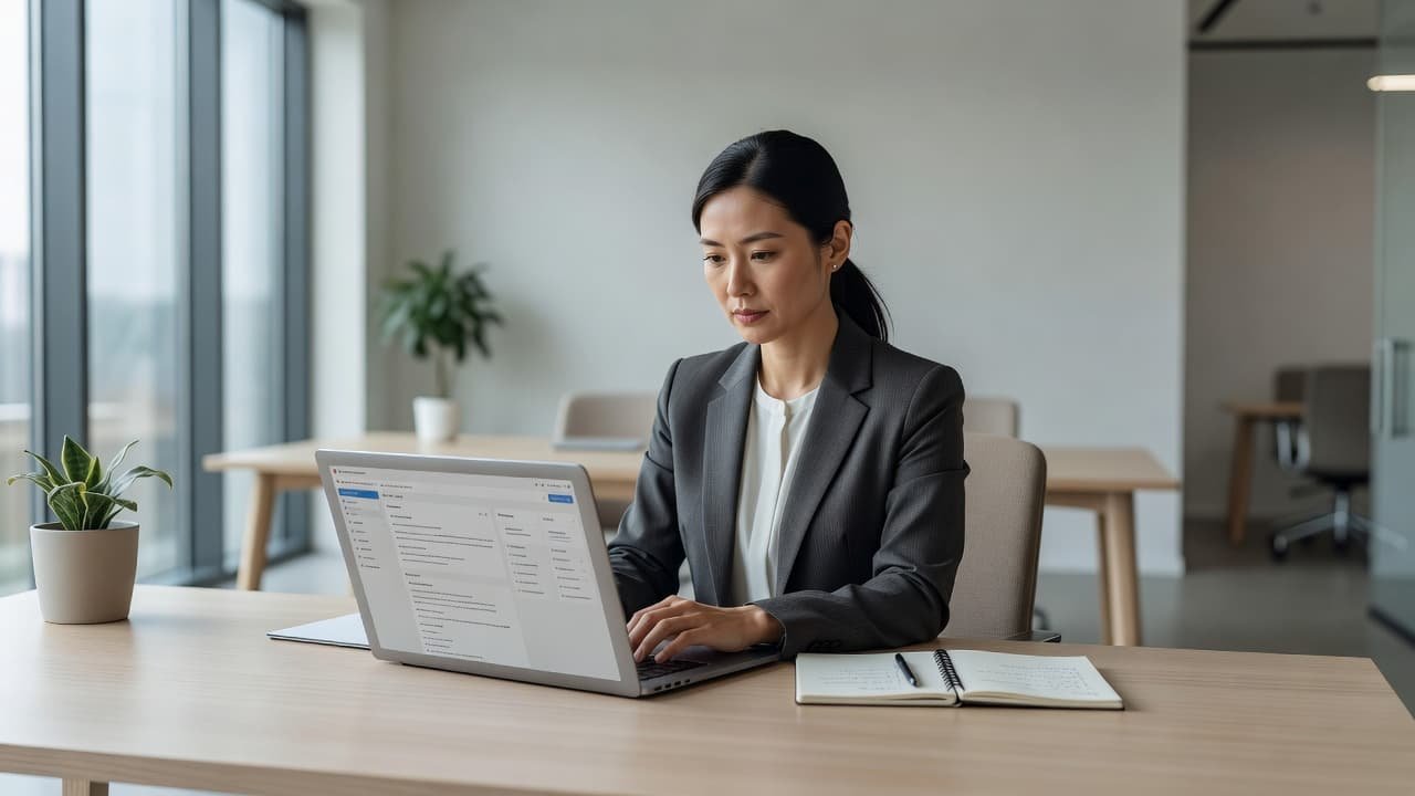 A person working on a laptop at a bright, minimalist desk.