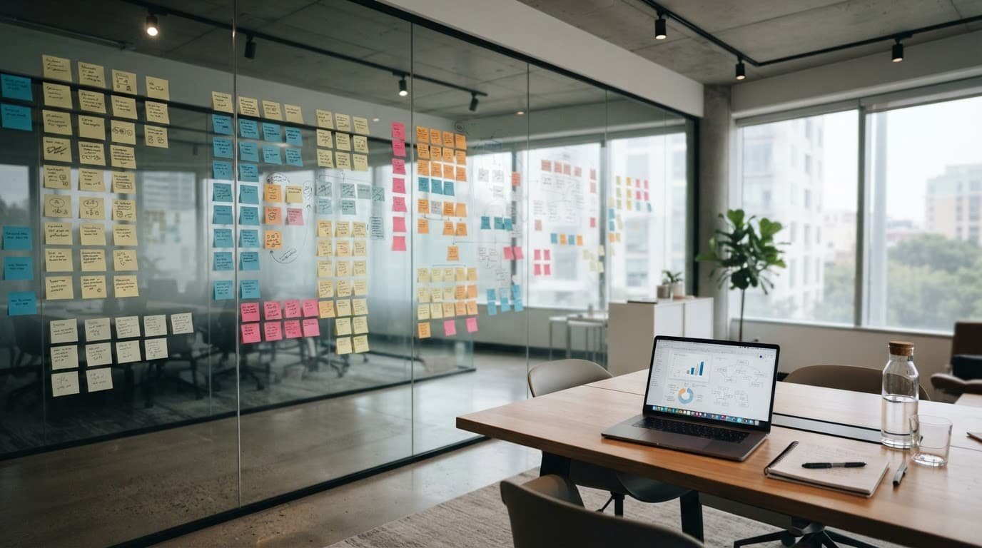 A glass wall covered in sticky notes next to a meeting table with a laptop in a bright room.