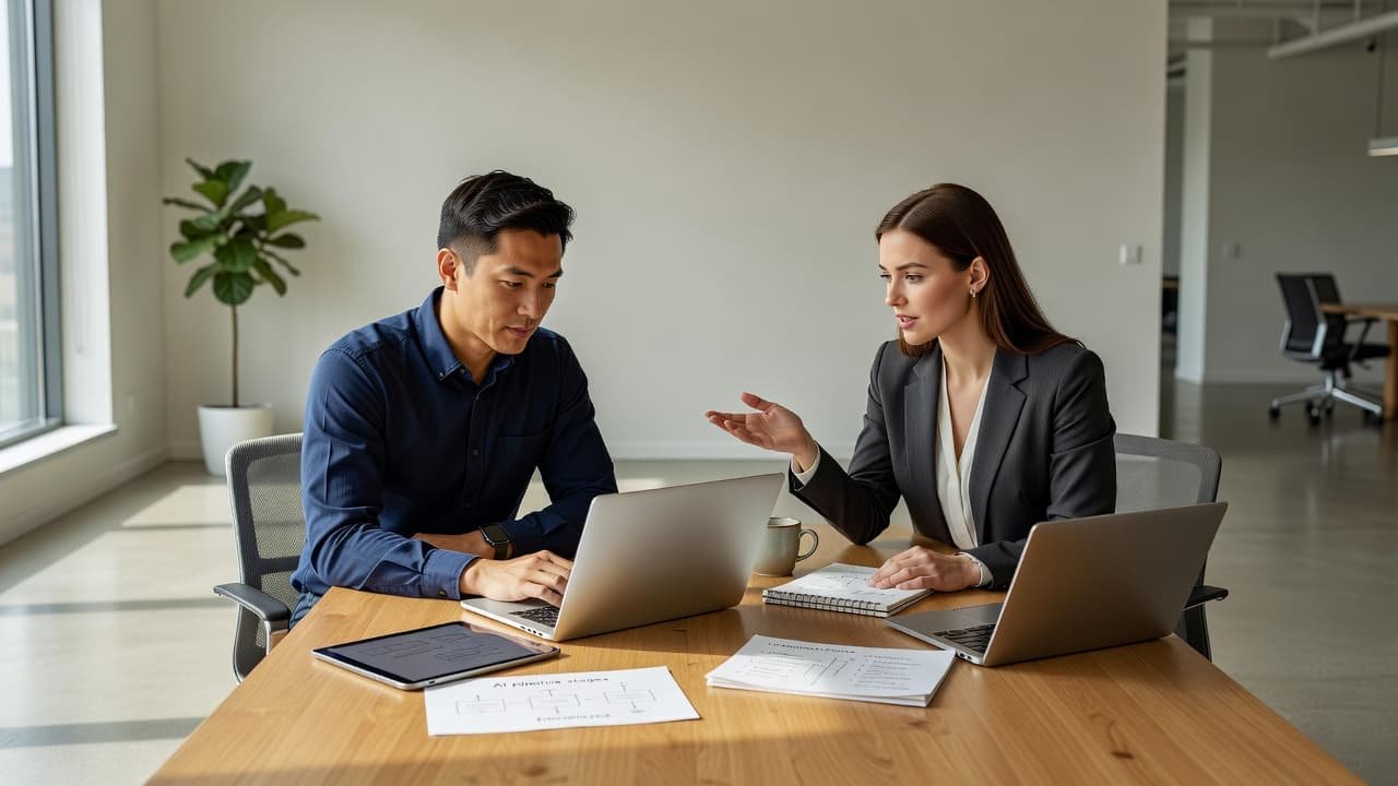 Two colleagues collaborating on a laptop at a wooden office table.