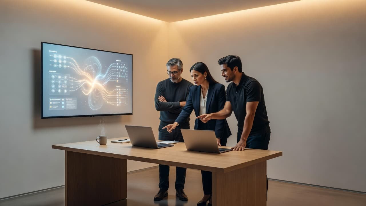 Three coworkers looking at digital workflows on a large monitor in a modern office.