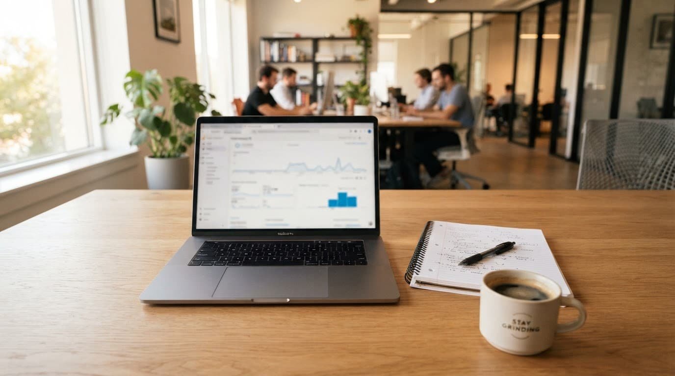 An open laptop, handwritten notebook, and coffee cup sit on a clean office desk.