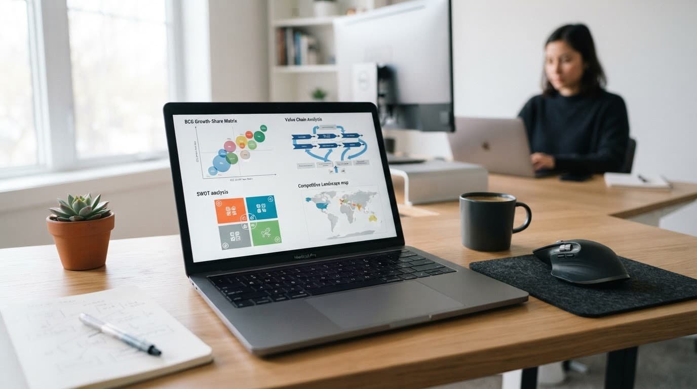 Laptop showing strategy charts on a modern desk with a blurred worker behind them.