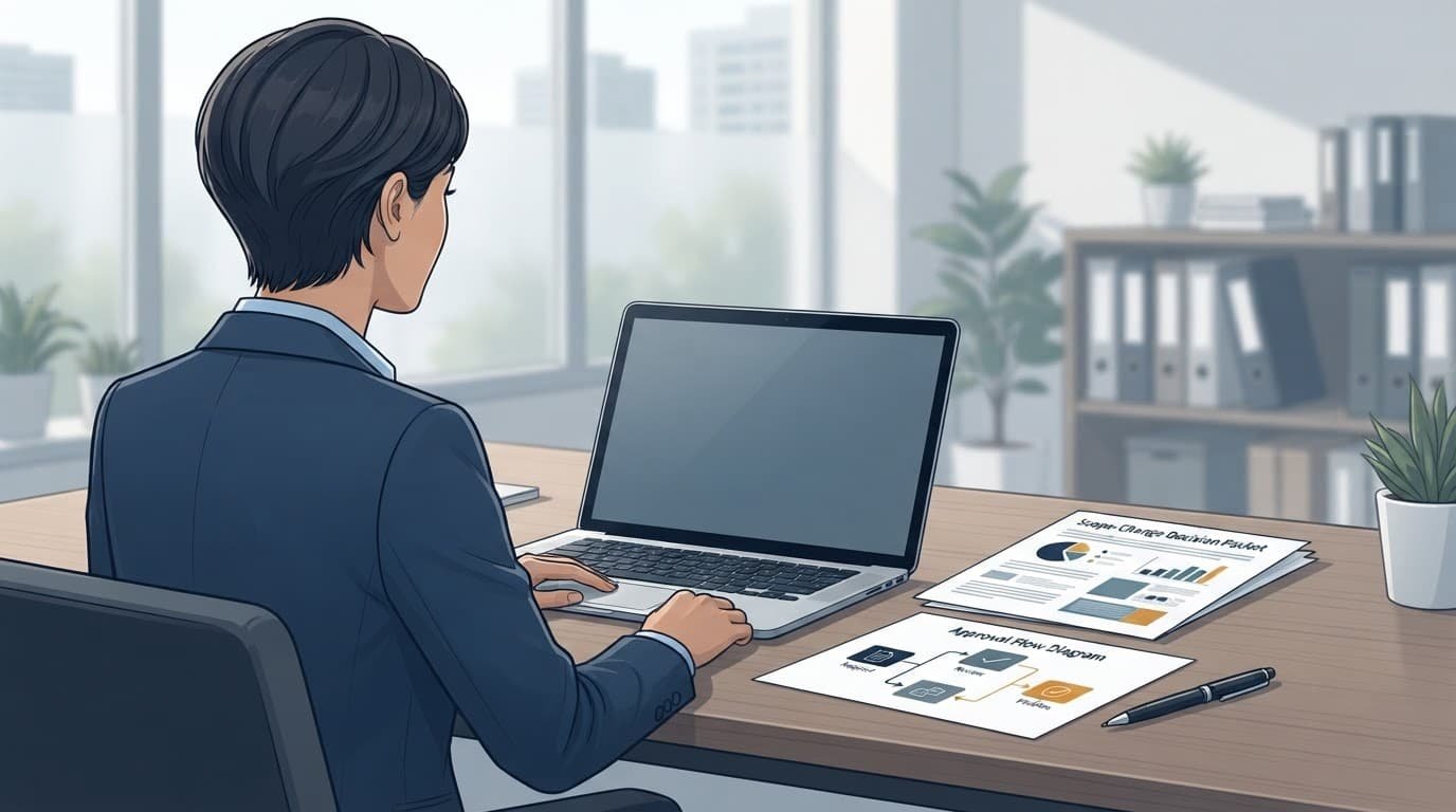 A consultant reviews a laptop beside project documents and a pen at an office desk.