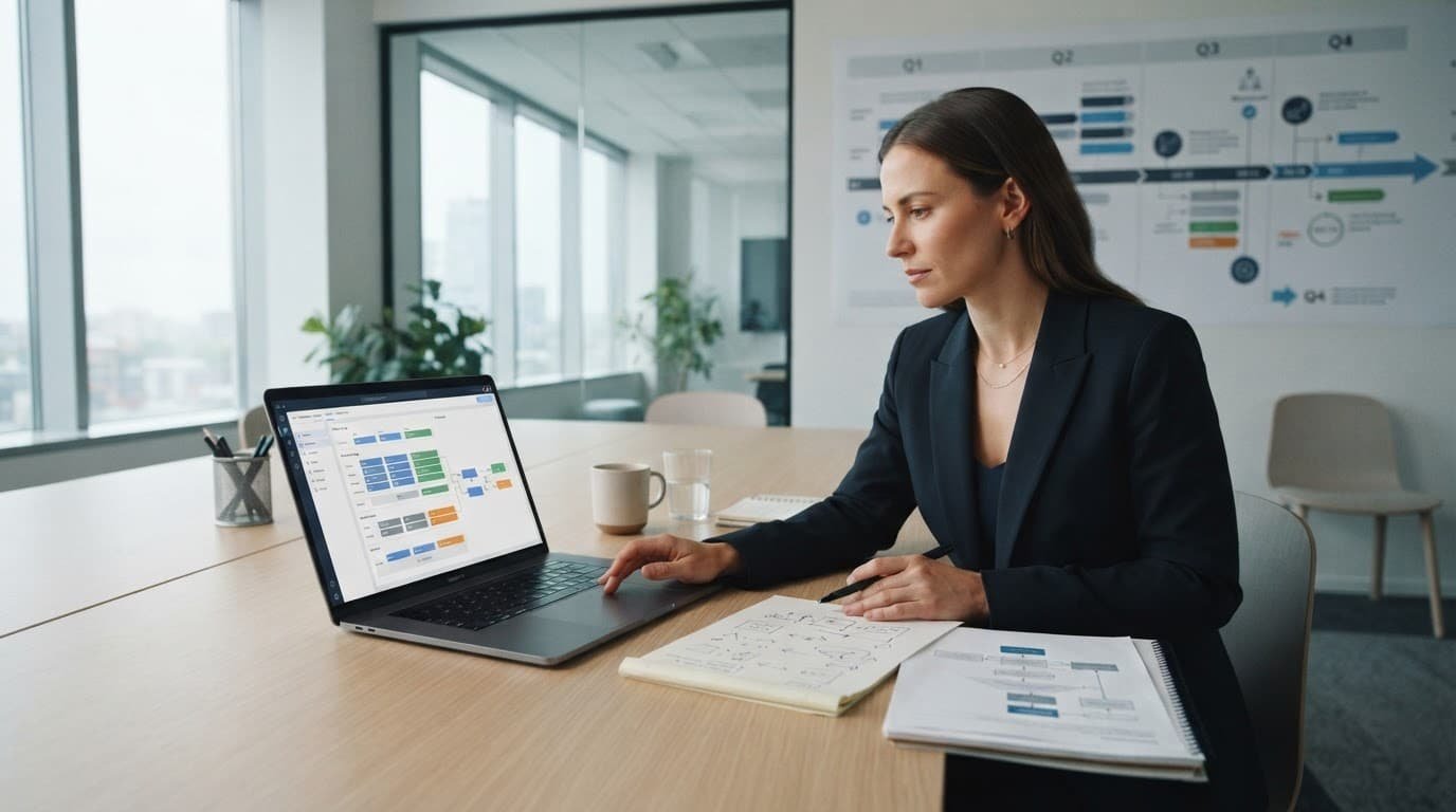 A project manager reviews a laptop and sequenced notes in a consulting office.