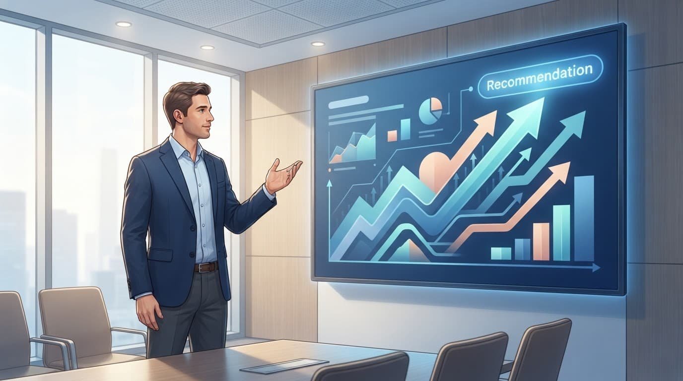 A consultant gestures beside a screen showing an upward recommendation flow.