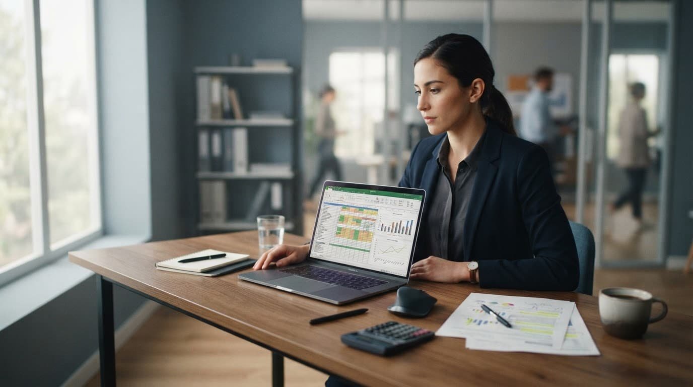 A consultant reviews charts on a laptop with notes and a calculator on the desk.