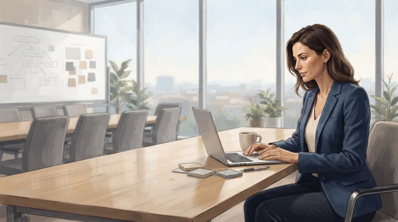A facilitator reviews a laptop at a meeting table beside empty chairs.