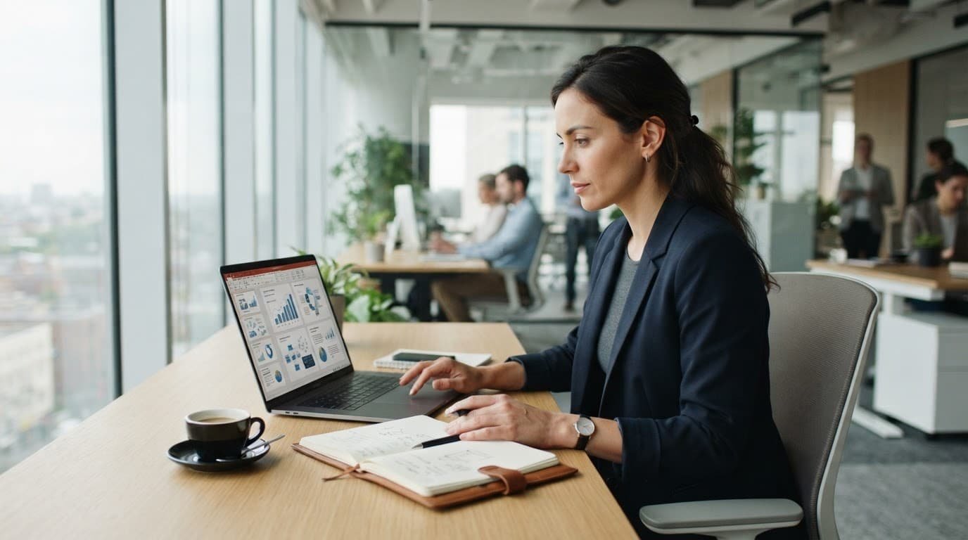 Consultant reviewing a presentation on a laptop at a clean office desk.