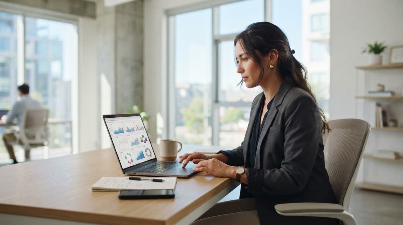 A consultant reviews charts on a laptop in a bright minimalist office.