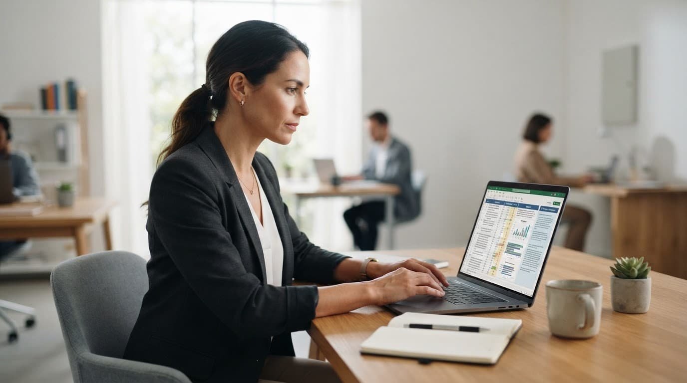 A consultant reviews a risk assessment document on a laptop at a wooden desk.