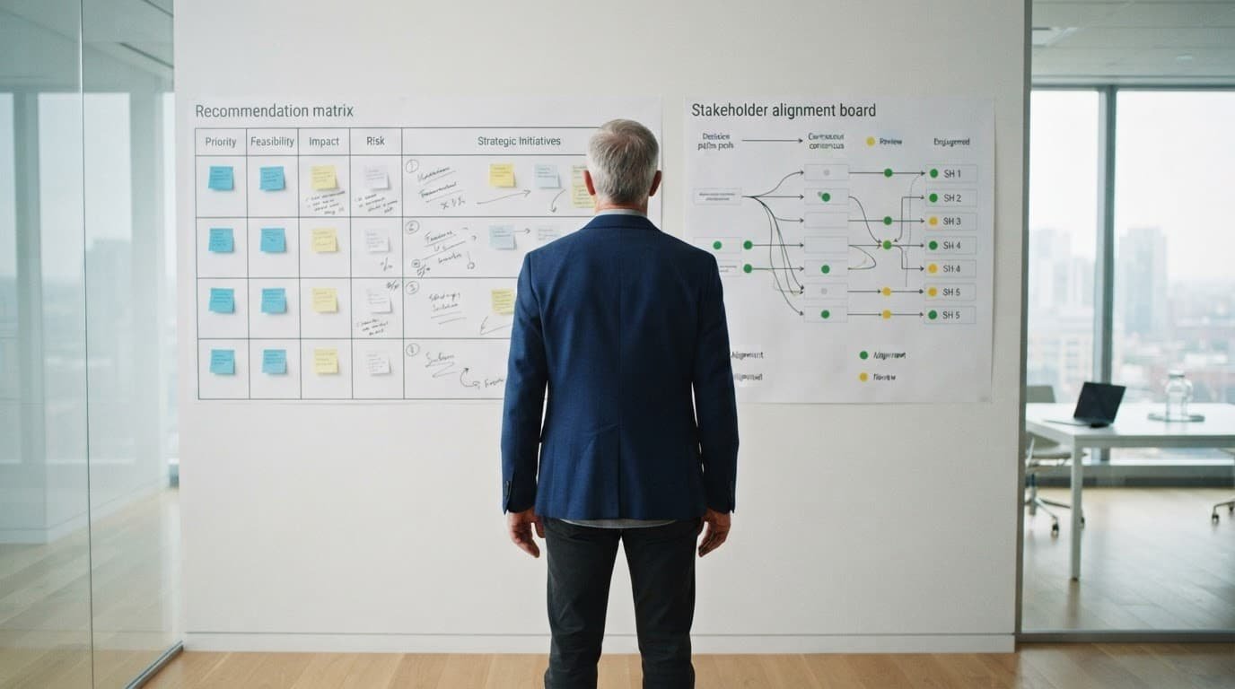Consultant reviewing a recommendation matrix and stakeholder board in a bright meeting room.