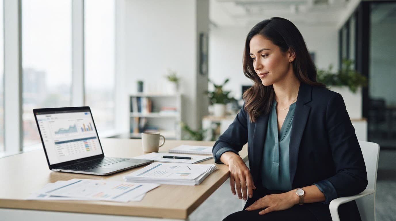 A consultant reviews survey pages and an analytics laptop in a modern office.