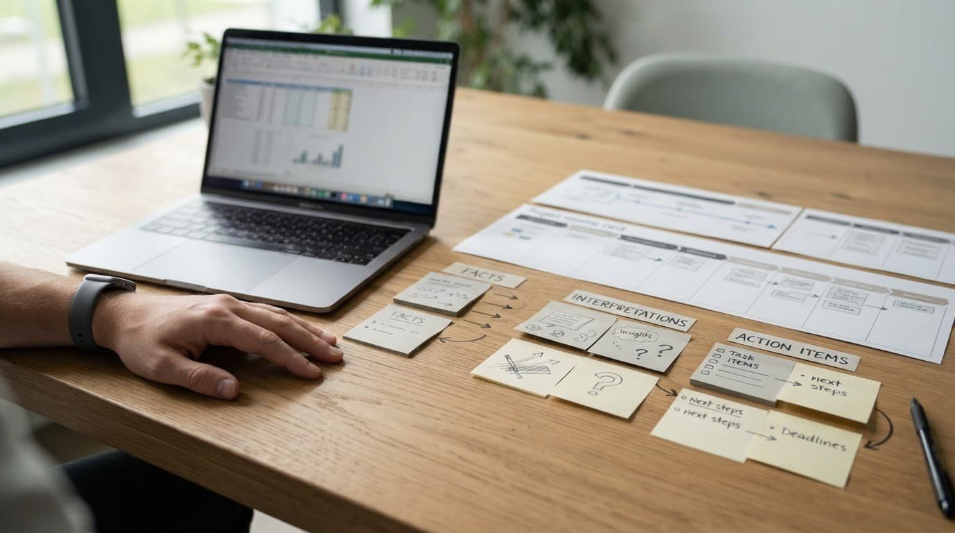 A hand rests beside a laptop, timeline cards, and grouped sticky notes.
