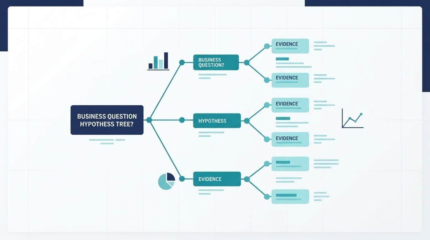 A navy and teal hypothesis tree with three branches and supporting evidence nodes.