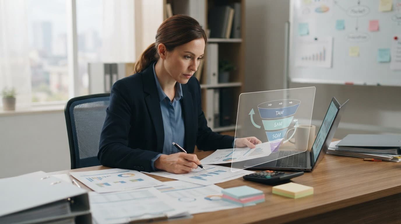 A consultant compares three documents beside a laptop, calculator, and transparent market funnel.