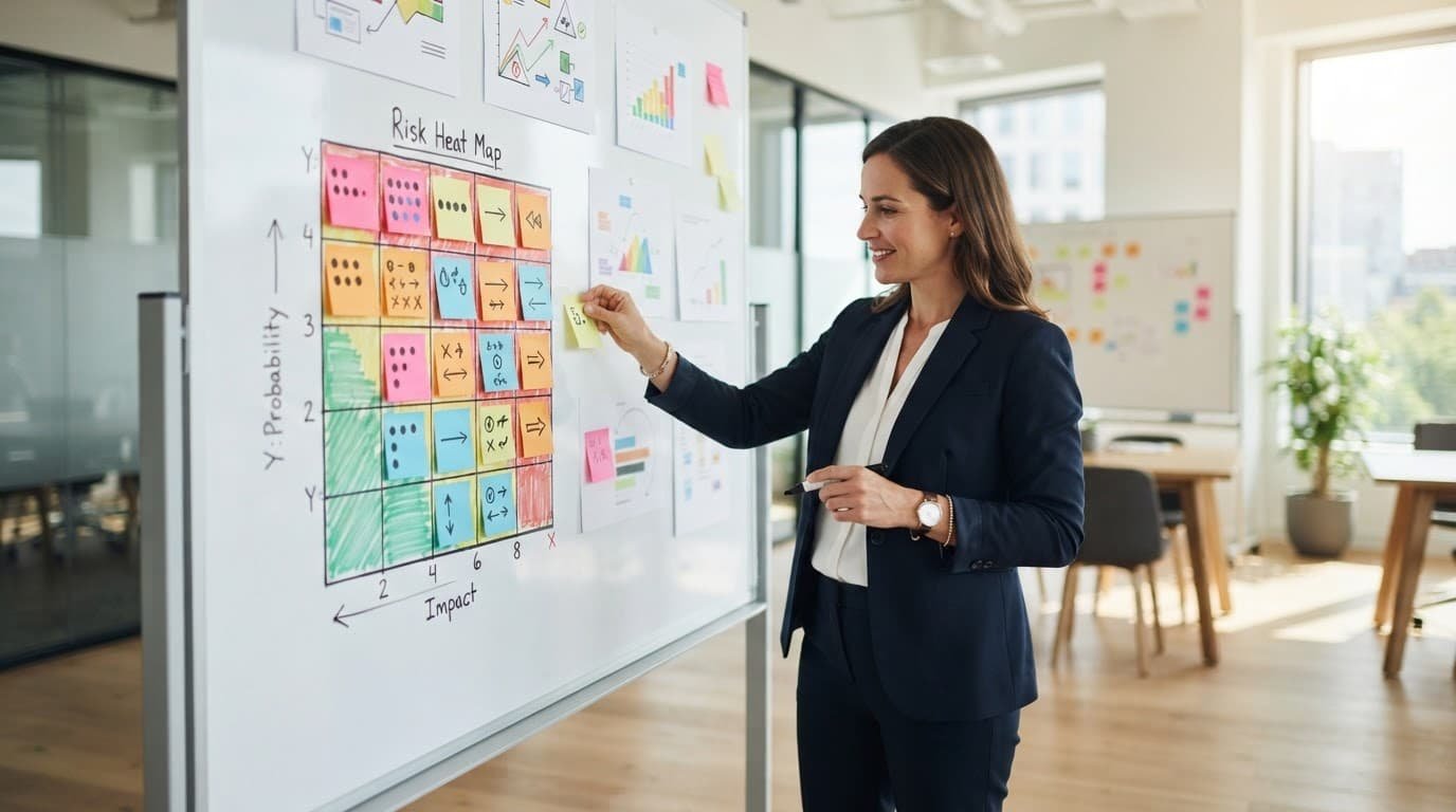 One person stands beside a whiteboard and colorful sticky notes in a bright office.