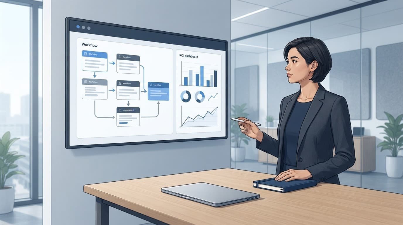 A consulting leader reviews workflow diagrams and an ROI dashboard beside a notebook and laptop.