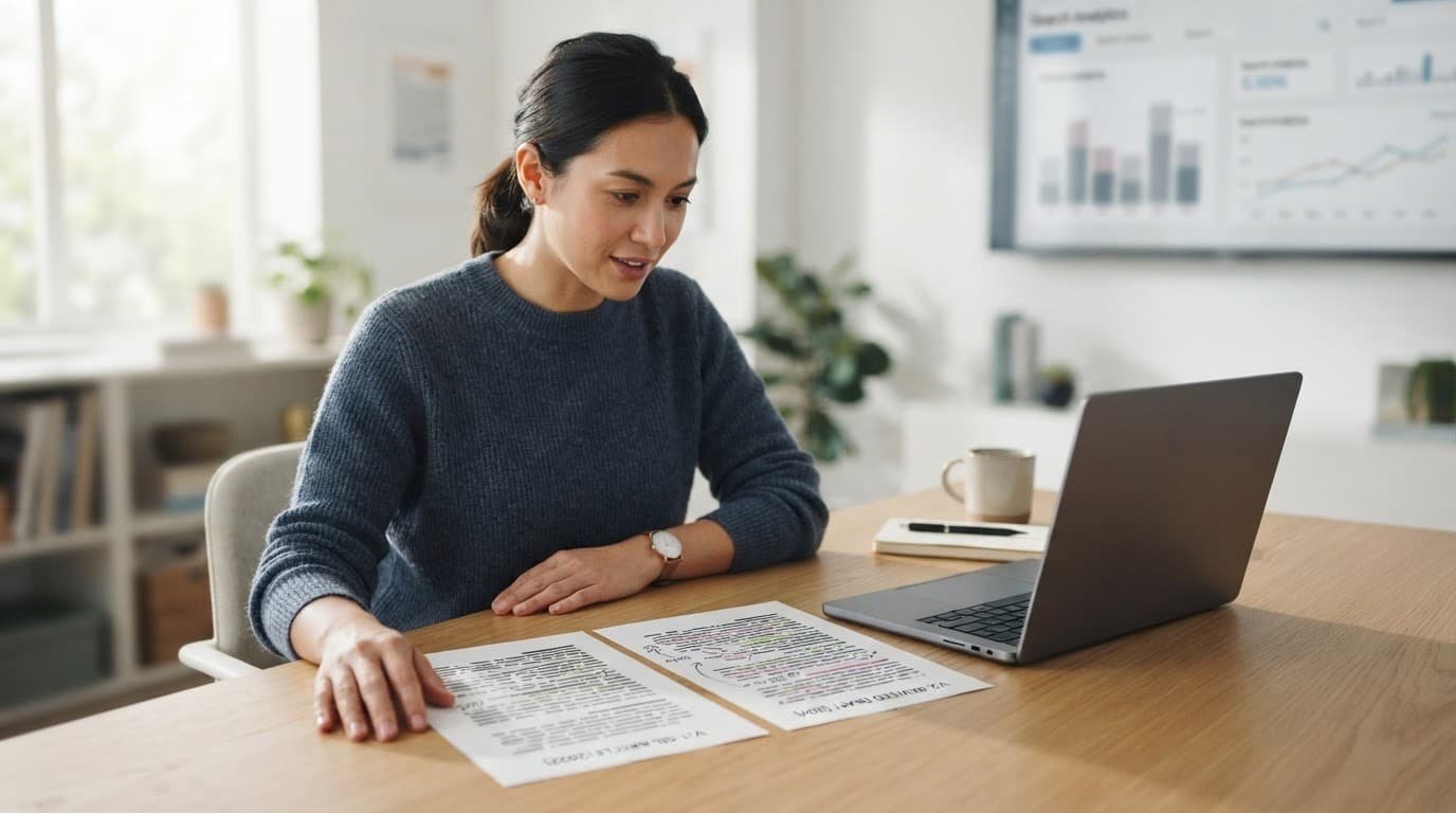 A strategist compares two documents beside a laptop in a bright workspace.