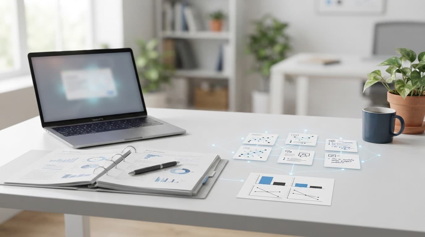 Laptop beside source papers, scoring tiles, and a small chart on a white desk.
