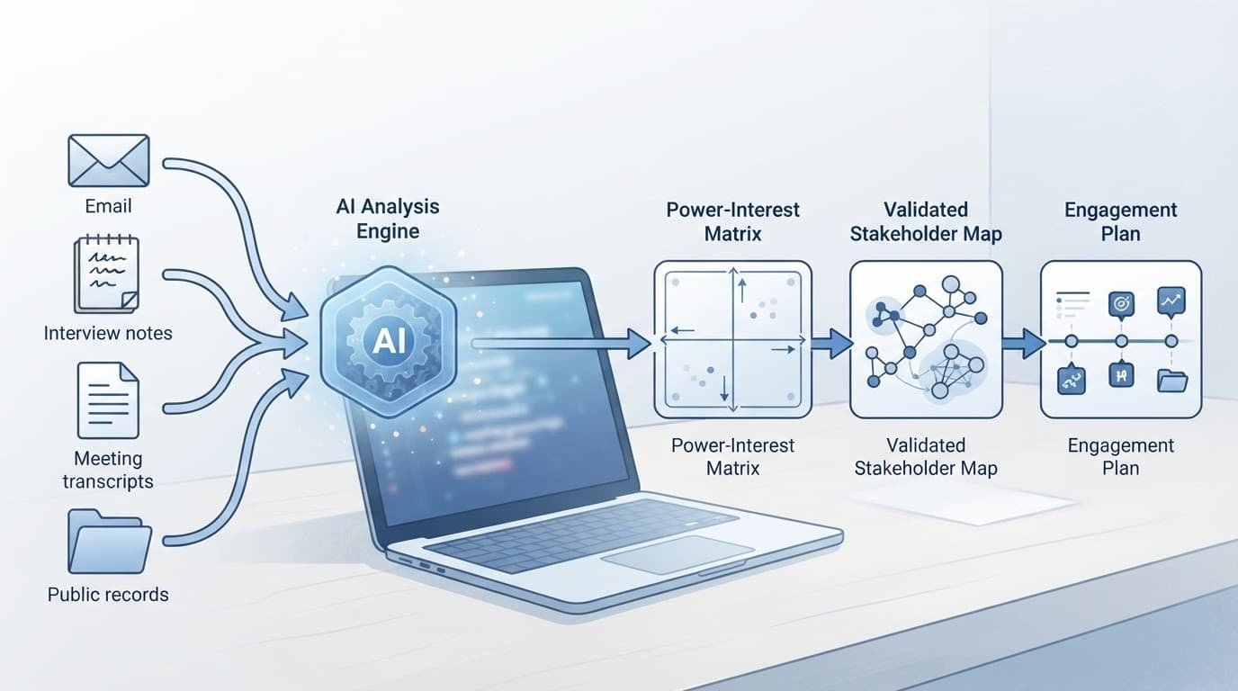 Blue diagram showing project evidence flowing into a stakeholder matrix and engagement plan beside a laptop.