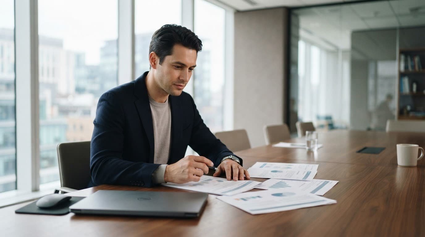 A consultant reviews printed pages beside a closed laptop.