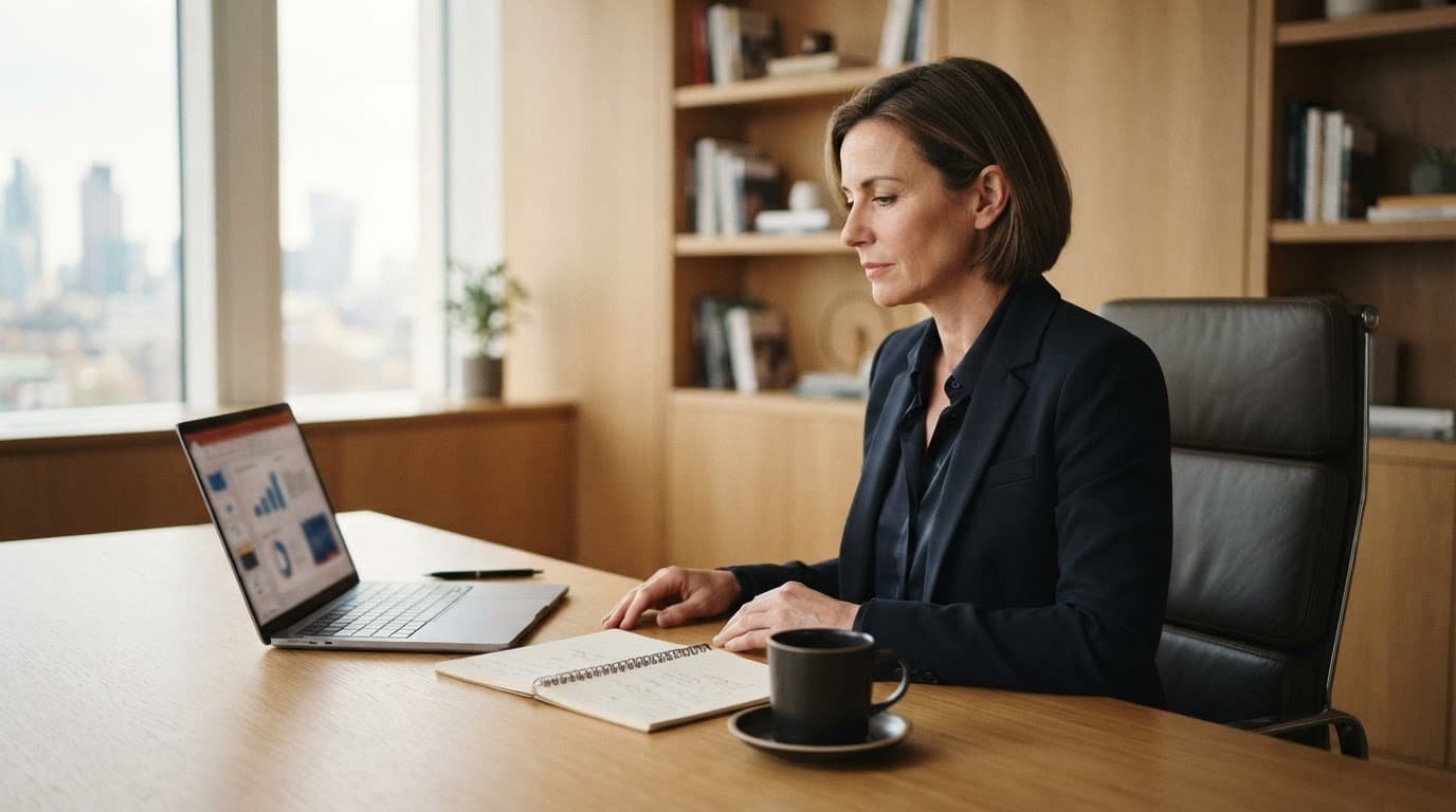 Senior consultant reviewing notes beside an open laptop in a quiet office.