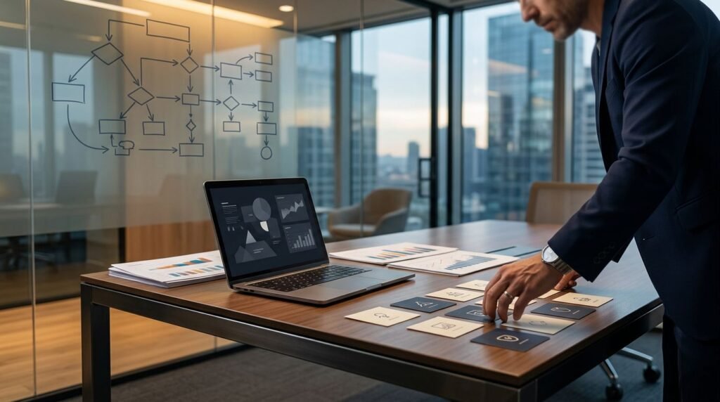 Consultant arranging strategy cards beside a laptop and glass board in a modern boardroom.